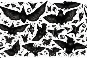 mysterious gloomy night sky with gothic moths and ravens carrying spirit to underworld tattoo idea