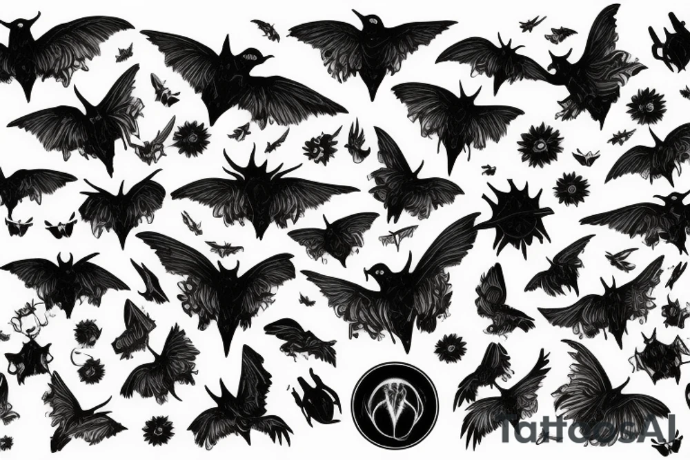 mysterious gloomy night sky with gothic moths and ravens carrying spirit to underworld tattoo idea