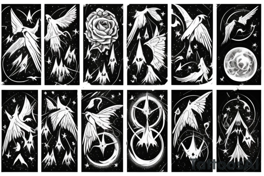 mysterious gloomy night sky with gothic moths and ravens carrying spirit to underworld tattoo idea