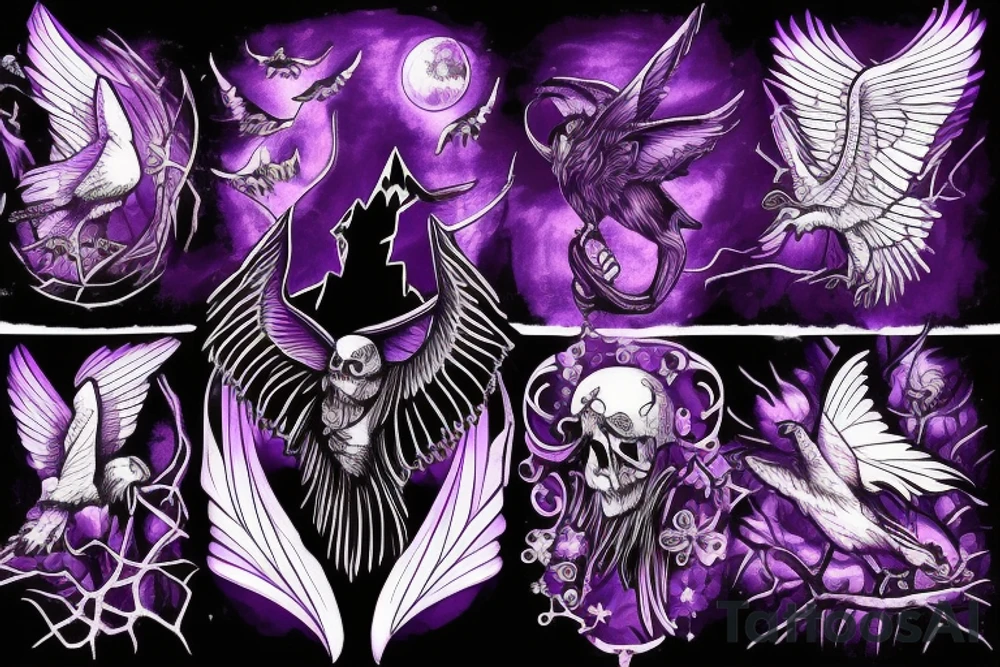 mysterious gloomy purple night sky with gothic moths and ravens carrying spirit to underworld tattoo idea