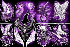 mysterious gloomy purple night sky with gothic moths and ravens carrying spirit to underworld tattoo idea