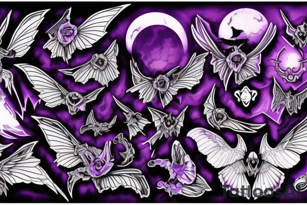 mysterious gloomy purple night sky with gothic moths and ravens carrying spirit to underworld tattoo idea