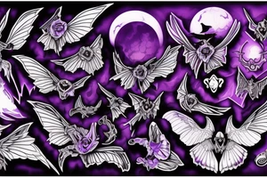 mysterious gloomy purple night sky with gothic moths and ravens carrying spirit to underworld tattoo idea