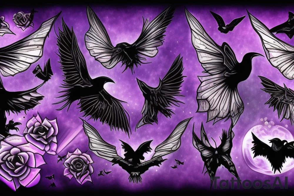 mysterious purple night sky with gothic moths and ravens carrying spirit to underworld tattoo idea
