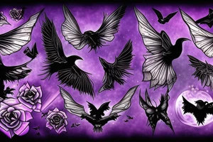 mysterious purple night sky with gothic moths and ravens carrying spirit to underworld tattoo idea