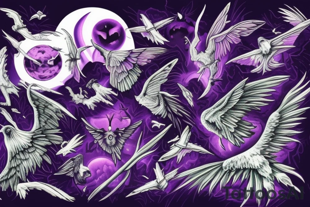 mysterious purple night sky with gothic moths and ravens carrying spirit to underworld tattoo idea