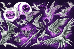 mysterious purple night sky with gothic moths and ravens carrying spirit to underworld tattoo idea