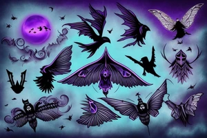 mysterious purple night sky with gothic moths and ravens carrying spirit into afterlife tattoo idea