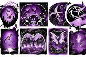 mysterious purple night sky with gothic moths and ravens carrying spirit into afterlife tattoo idea