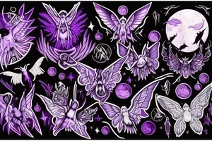 mysterious purple night sky with gothic moths and ravens carrying spirit into afterlife tattoo idea