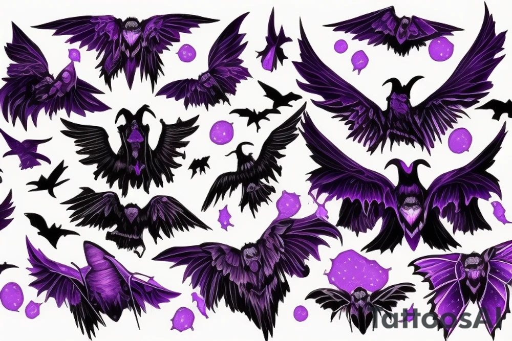 mysterious purple night sky with gothic moths and ravens carrying spirit into afterlife tattoo idea