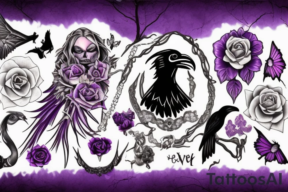 memorial for female that liked the color purple, ravens, gothic moths and 666 tattoo idea
