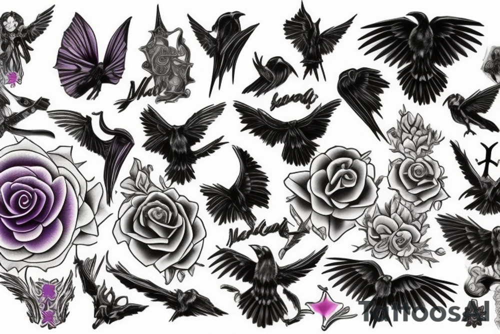 memorial for female that liked the color purple, ravens, gothic moths and 666 tattoo idea