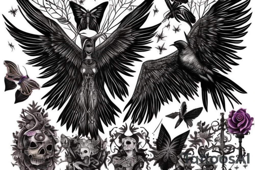 raven and gothic moth guiding spirit into afterlife tattoo idea