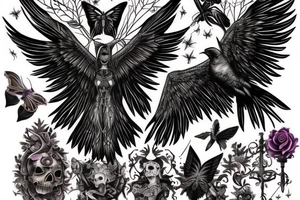 raven and gothic moth guiding spirit into afterlife tattoo idea