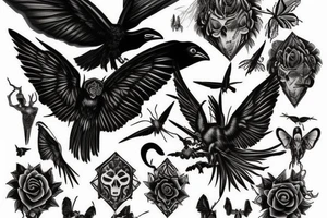 raven and gothic moth guiding spirit into afterlife tattoo idea