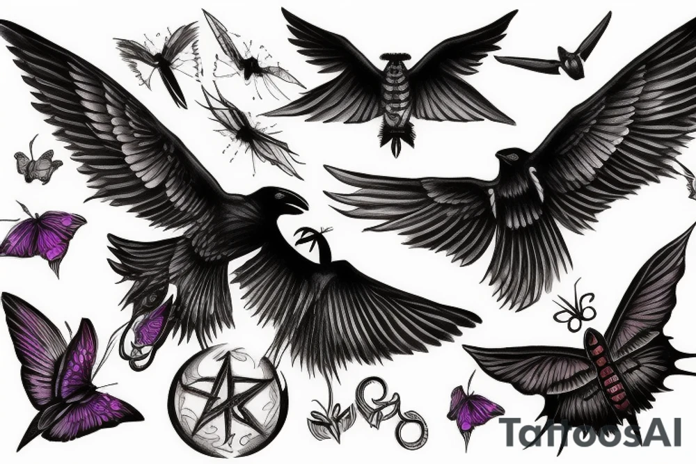 raven and gothic moth guiding spirit into afterlife tattoo idea