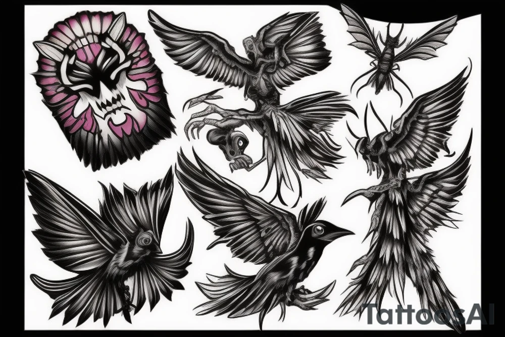 raven and gothic moth guiding spirit into afterlife tattoo idea