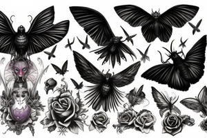 raven and gothic moth guiding spirit into afterlife tattoo idea