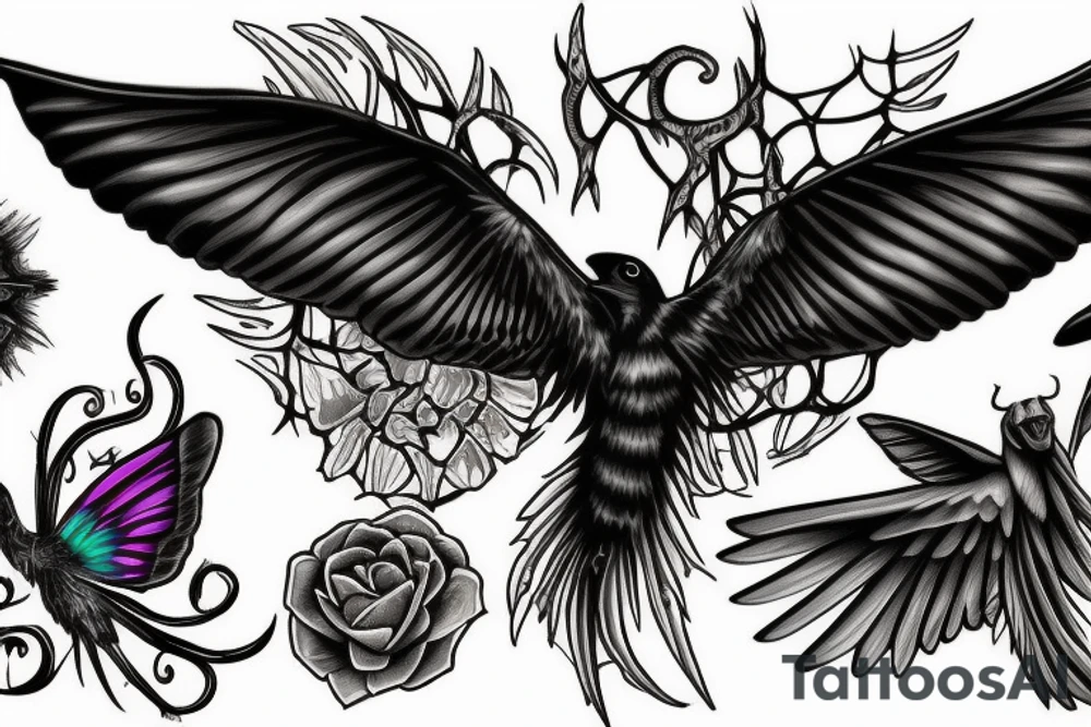 raven and gothic moth guiding spirit into afterlife tattoo idea