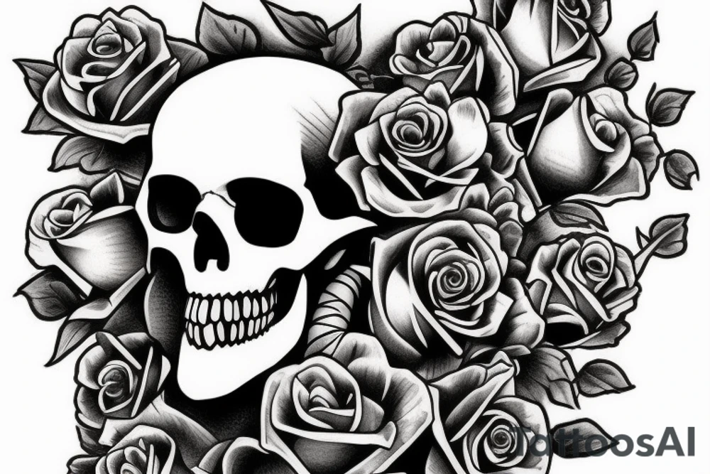 Skull with roses and vines tattoo idea