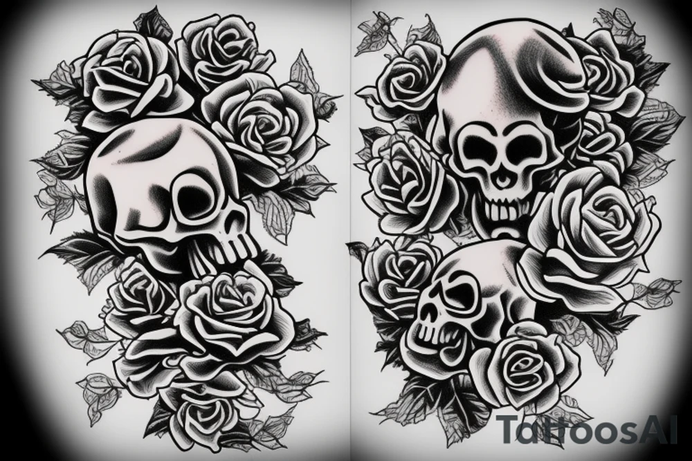Skull with roses and vines tattoo idea