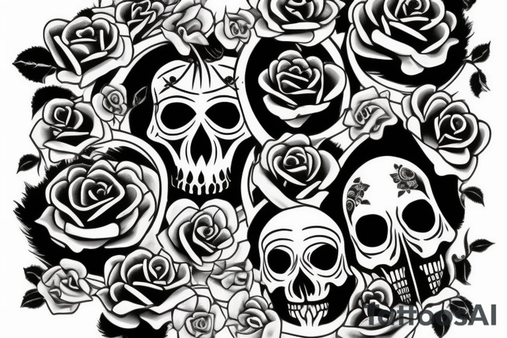 Skull with roses and vines tattoo idea