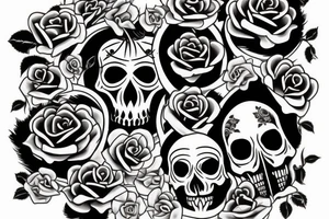 Skull with roses and vines tattoo idea