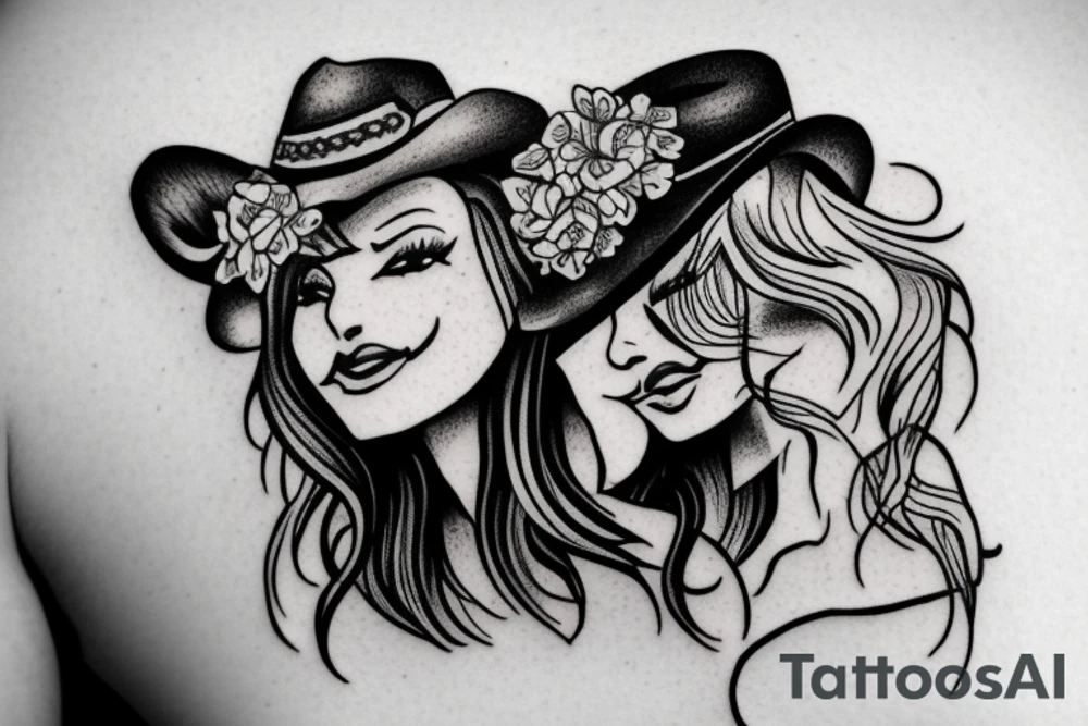 Cowgirl hugging another cowgirl tattoo idea