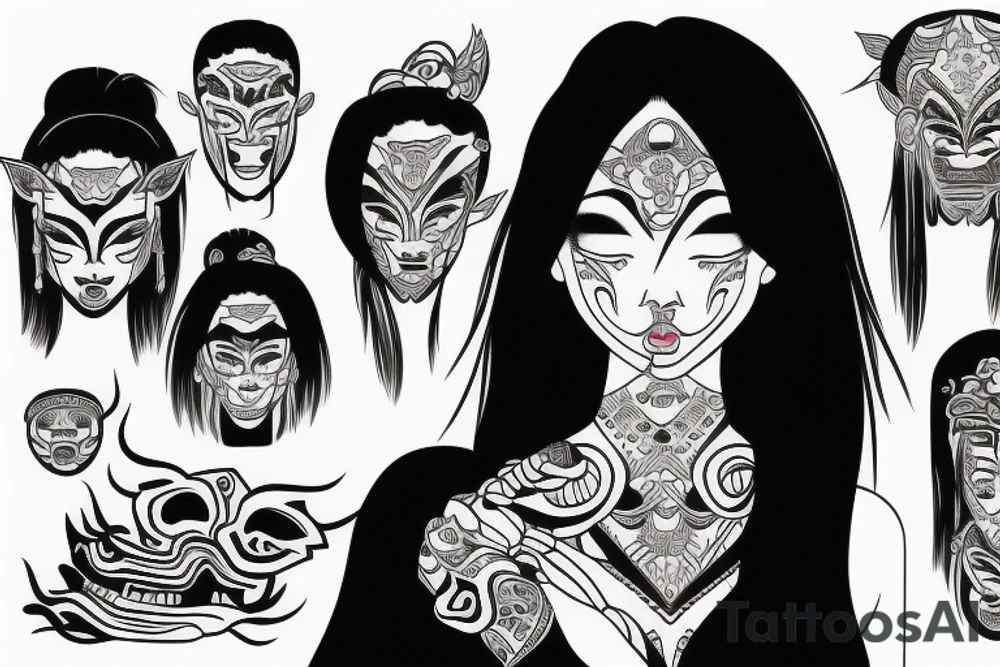asian girl face holding a oni mask tattoo idea