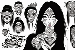 asian girl face holding a oni mask tattoo idea