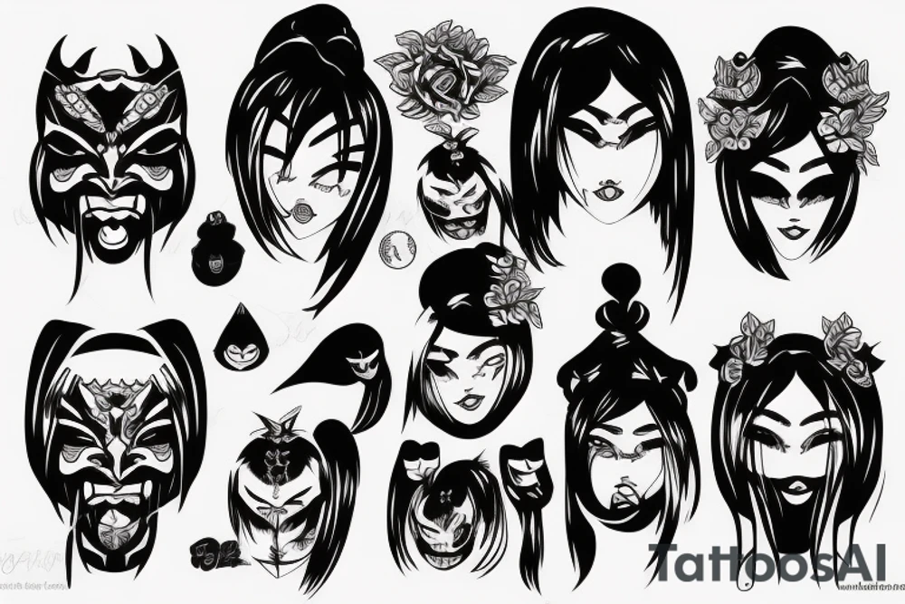 asian girl face holding a oni mask tattoo idea