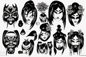 asian girl face holding a oni mask tattoo idea