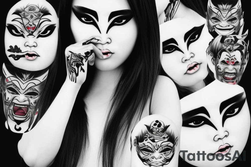 asian girl face holding a oni mask tattoo idea