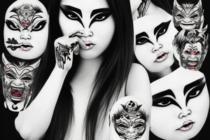 asian girl face holding a oni mask tattoo idea