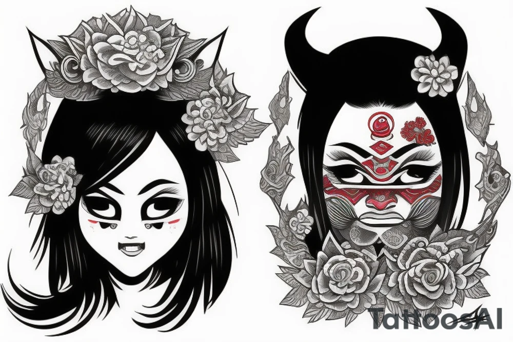 asian girl face holding a oni mask tattoo idea