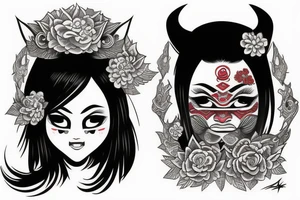 asian girl face holding a oni mask tattoo idea