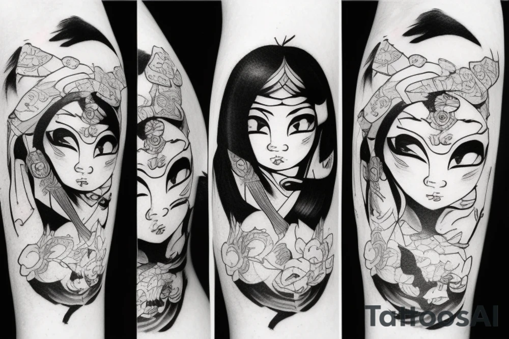 asian girl face holding a oni mask tattoo idea