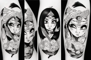 asian girl face holding a oni mask tattoo idea
