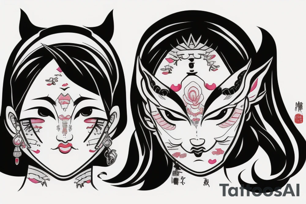 asian girl face holding a oni mask tattoo idea