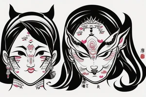 asian girl face holding a oni mask tattoo idea