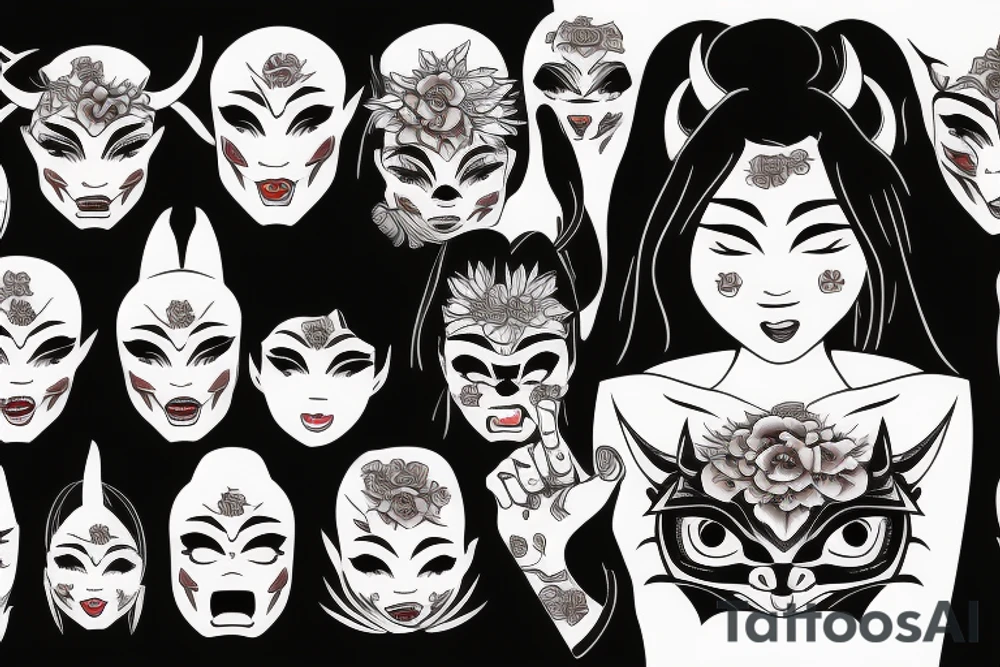 asian girl face holding a oni mask tattoo idea