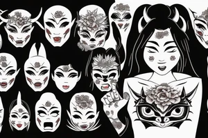 asian girl face holding a oni mask tattoo idea