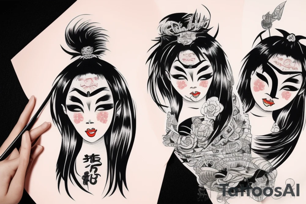 asian girl face holding a oni mask tattoo idea