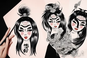 asian girl face holding a oni mask tattoo idea
