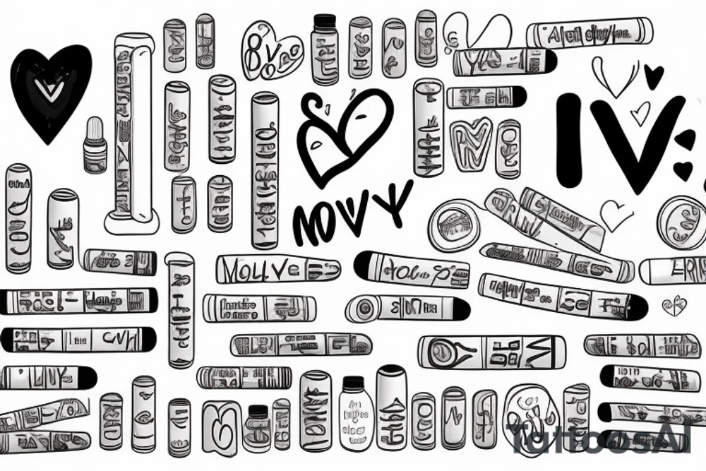 Pills that says “my love”  indicating love as a drug, encased within a pill bottle labeled "Take Daily". tattoo idea