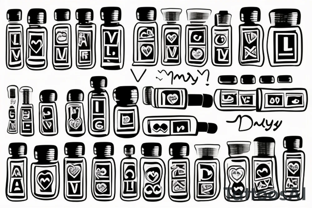 Pills that says “my love”  indicating love as a drug, encased within a pill bottle labeled "Take Daily". tattoo idea