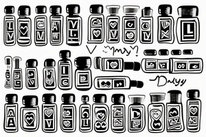 Pills that says “my love”  indicating love as a drug, encased within a pill bottle labeled "Take Daily". tattoo idea