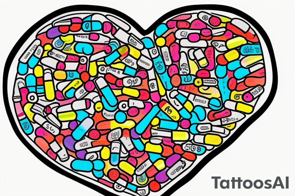 Pills that says “my love”  indicating love as a drug, encased within a pill bottle labeled "Take Daily". tattoo idea