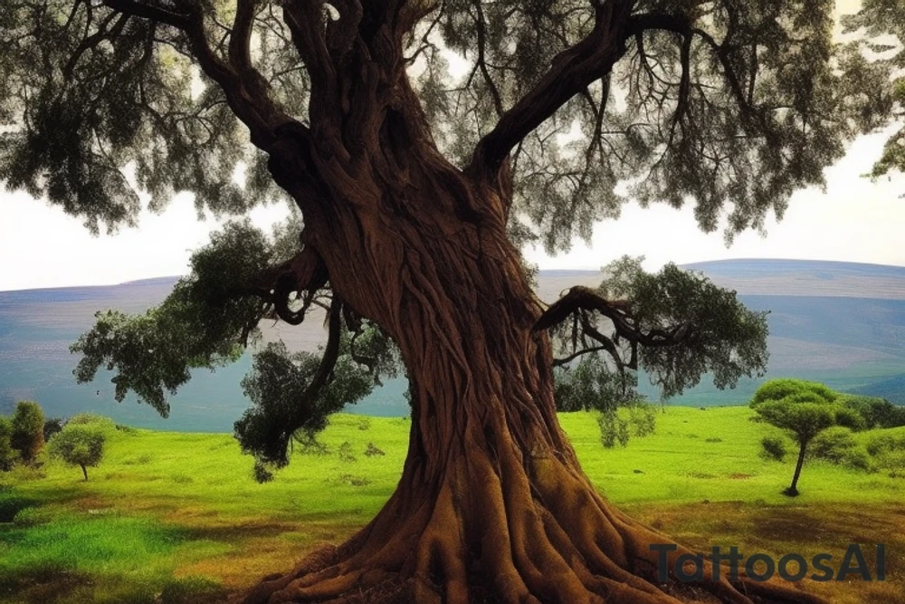 Imagine the entirety of your back being a canvas, and in the center, a large, vibrant tree extends, reaching the shoulder blades with its branches and down to your lower back with its roots. This tree symbolizes your personal growth and strength. 

The roots, thick and firm, dig into the rolling green hills of the Golan Heights, intertwining with the landscape and symbolizing your deep connection to your homeland. 

A Greco-Roman wrestling helmet, finely detailed, hangs from a sturdy branch on the upper right side of the tree, signifying your achievements in wrestling and the military. In the leafy canopy of the tree, subtly integrate the pattern of a frisbee, representing your love for the sea and freedom.

Carved into the bark of the tree on the left side, near where your heart would be, are two small but significant symbols: a knife and a tiny spark. These are to symbolize your significant relationships with Chris and Or. 

Etched into the base of the tree is a small, humble house. This is to symbolize your dream of providing a dream home for your mother.

The Russian and Israeli flags are subtly incorporated into the tree's design, intertwining with the bark and leaves, symbolizing your migration journey from Russia to Israel.

Lastly, beneath the tree, at the bottom center of your back, place the silhouette of an open book. Gold coins are scattered on the ground around it, symbolizing your interest in finance and your life motto "everything is possible." 

You can take this description to a professional tattoo artist who can create a sketch based on these details. Remember that the final design can be adjusted according to your preferences and the artist's creative input. tattoo idea